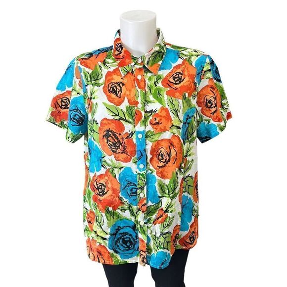Talbots Womens Orange Blue Floral Button up Collared Classic Top sz Large Petite - Picture 1 of 7